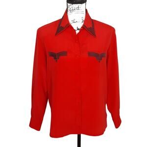 Vintage 80s Satin Western Button Up Blouse Dagger Collar Red Womens 8P Rodeo